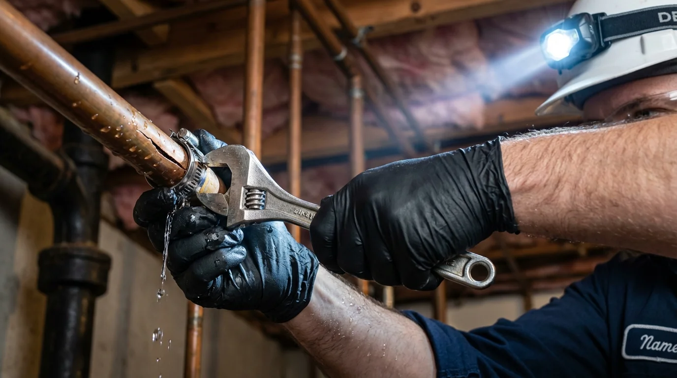 Emergency pipe clamp repair being performed by a Johns Plumbing LLC plumber in Breckenridge