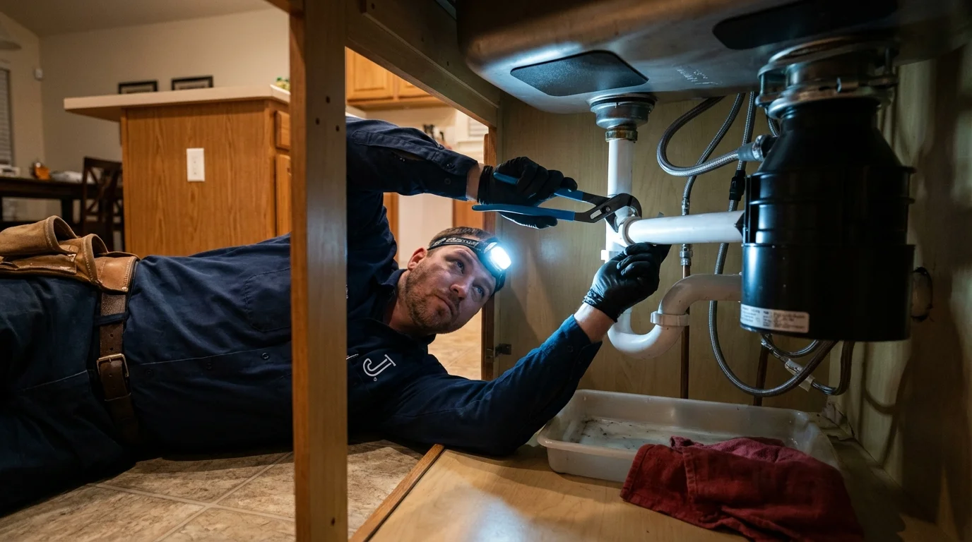 P-trap and supply line connections under a kitchen sink showing a common leak point in Breckenridge, CO